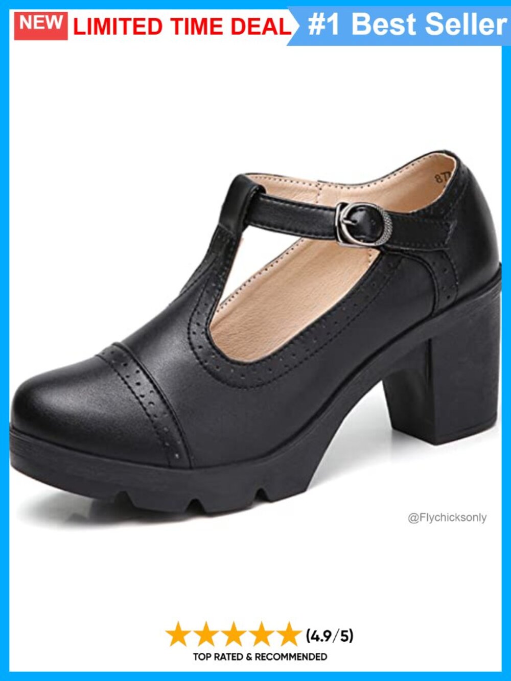 Women's Leather T-Strap Platform Chunky Mid-Heel Mary Jane Pumps